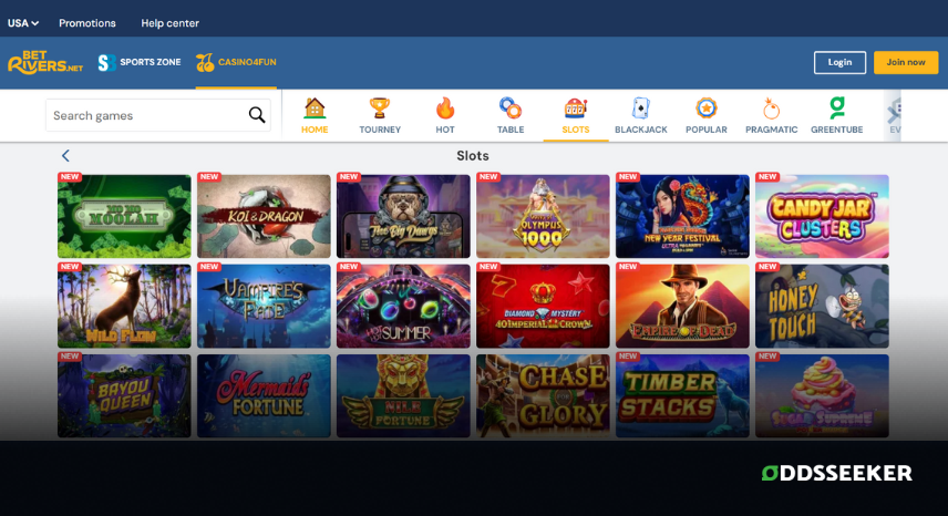 A screenshot of the desktop casino games library page for Rivers Casino4Fun